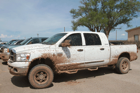 Muddy truck after touring the Armendaris Ranch