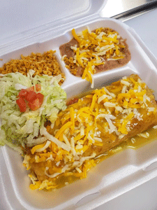 Mexican food take out plate from ChaChi's Express Mexican Food Drive Thru in Las Cruces