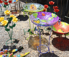 Glass birdbaths for sale at Casa Bonita Imports in Las Cruces