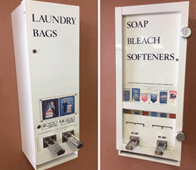 Soap, bleach, fabric softener dispensing machines at Spruce Laundry in Las Cruces